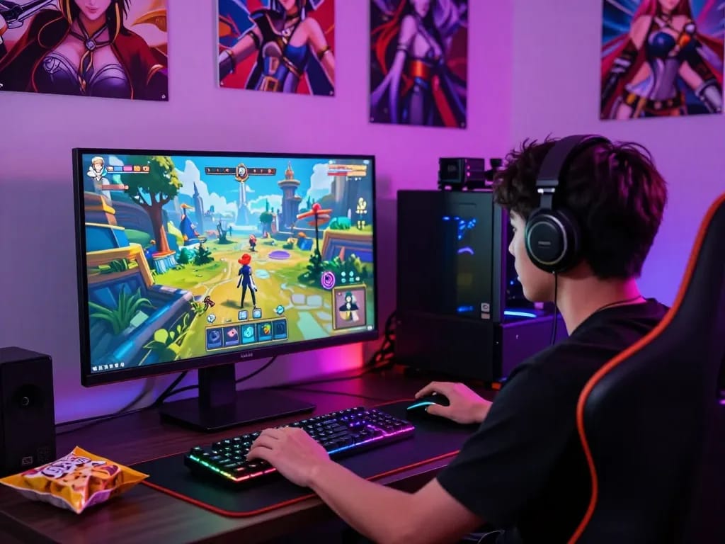 Immersive gaming setup showcasing hentai games in a colorful, fantasy-themed room.