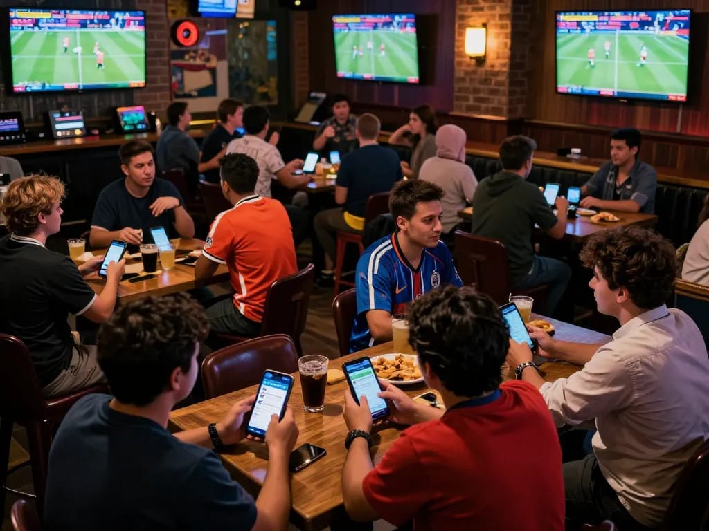 B52CLUB sports betting action with fans placing bets in a vibrant social bar setting
