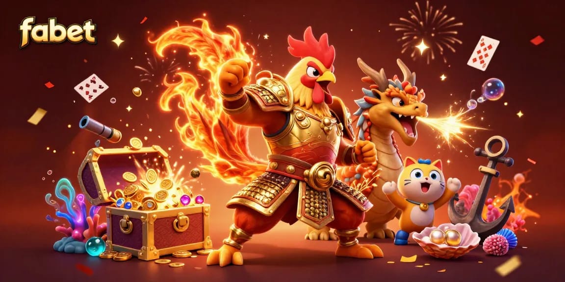 Experience fabet's thrilling adventure with a powerful rooster and dragon in a vibrant casino setting.