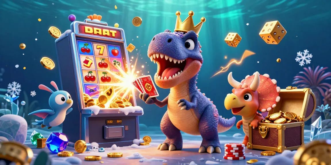 debeting gamblers enjoy a vibrant 3D casino scene with T-Rex and treasure-filled slot machine