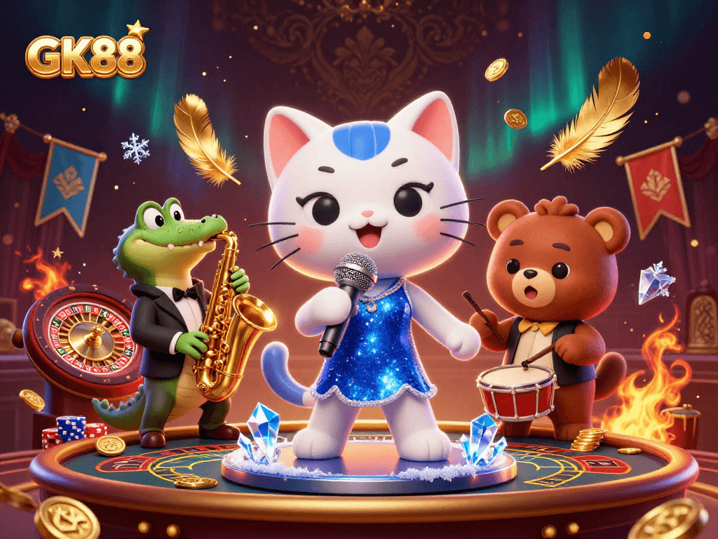 Experience exciting gameplay at GK88 with lively casino characters amidst vibrant gaming elements.