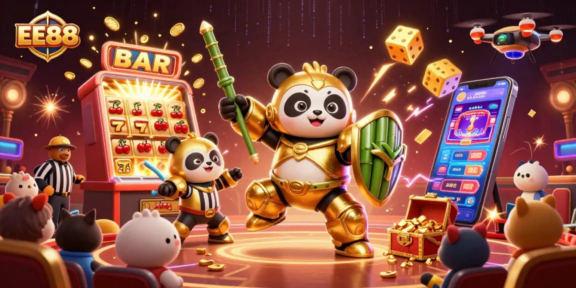 EE88's animated slot machine jackpot scene with panda mech and golden coins flying around.