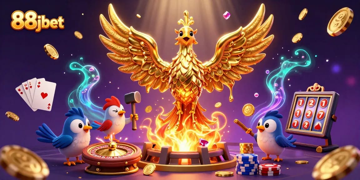Experience the thrill of 88jbet with a stunning illustration of a molten phoenix and casino elements.
