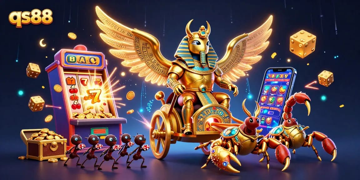 Experience thrilling gaming with qs88's vibrant 3D illustration of a majestic scarab and dynamic casino elements.
