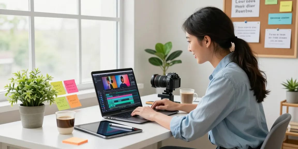 Focused creator writes text on video using online editing tools in a bright workspace.