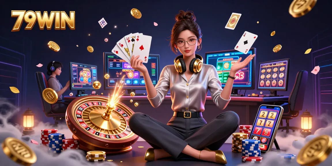 Experience the thrilling games at 79WIN with cascading coins and vibrant 3D casino elements.