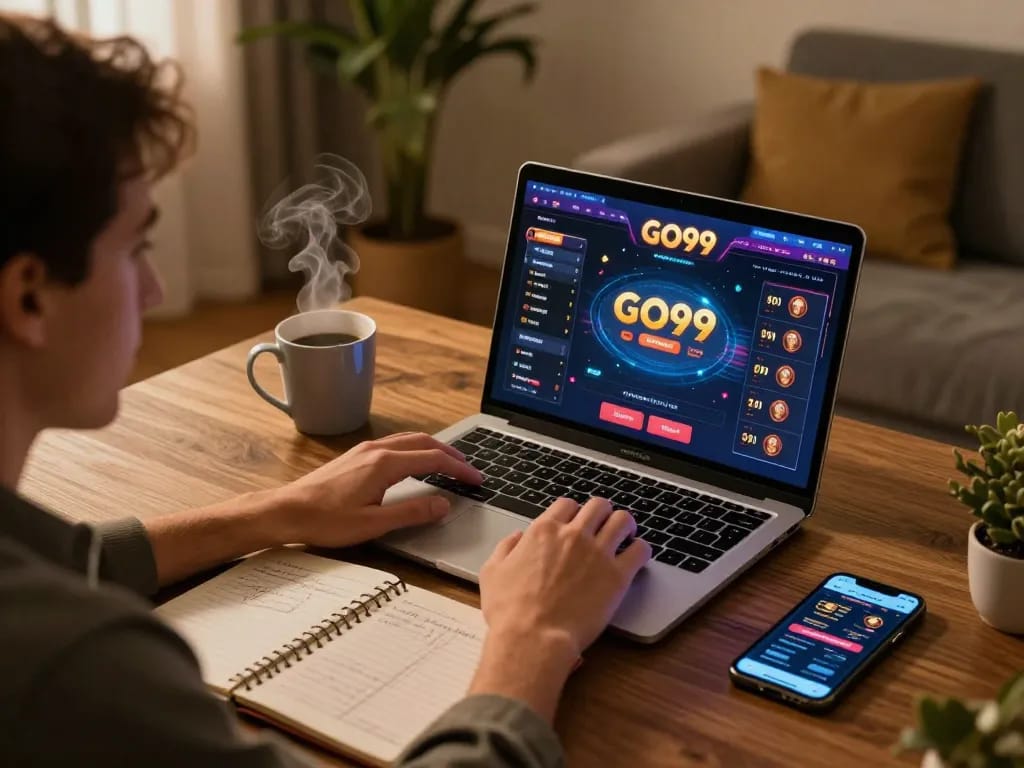 Engaged player strategizing for GO99 on a laptop, warm home atmosphere showcasing responsible online gambling.