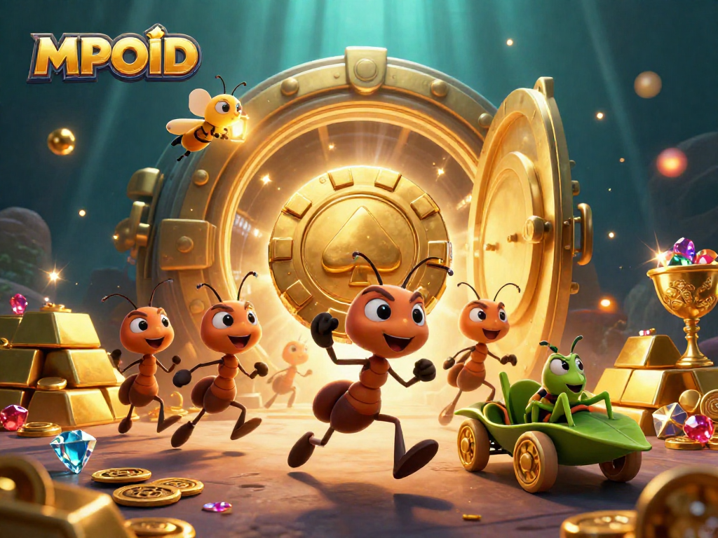 MPOID showcases a dynamic team of cartoon ants stealing a giant poker chip, embodying fun and excitement in gaming.