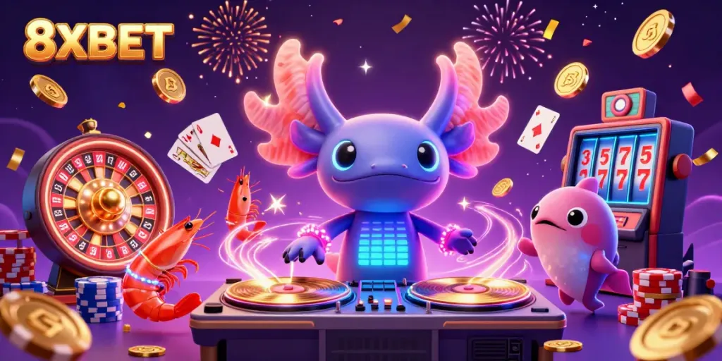 Dive into fun with 8XBET's immersive underwater casino scene featuring vibrant characters and dazzling elements.