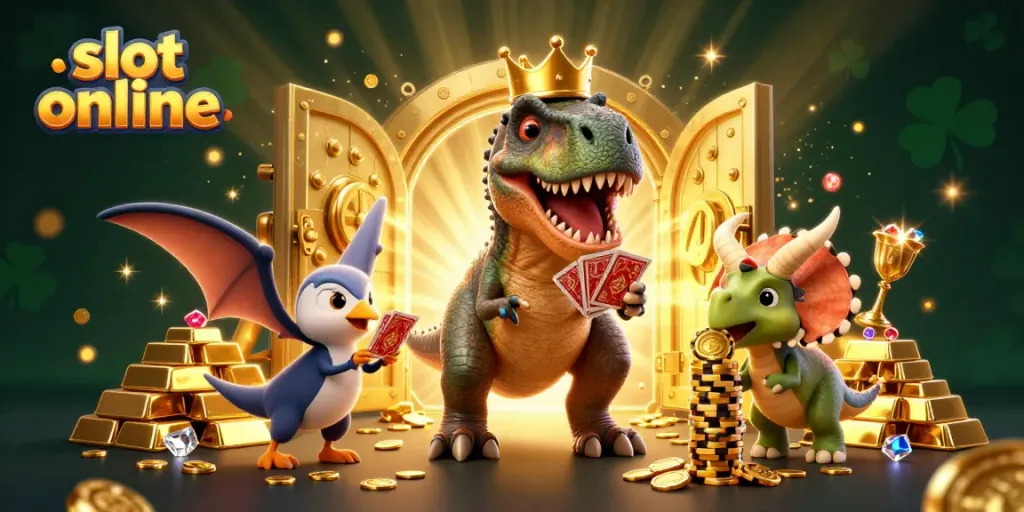 Experience the excitement of slot online with lively 3D characters amid a dazzling treasure scene.