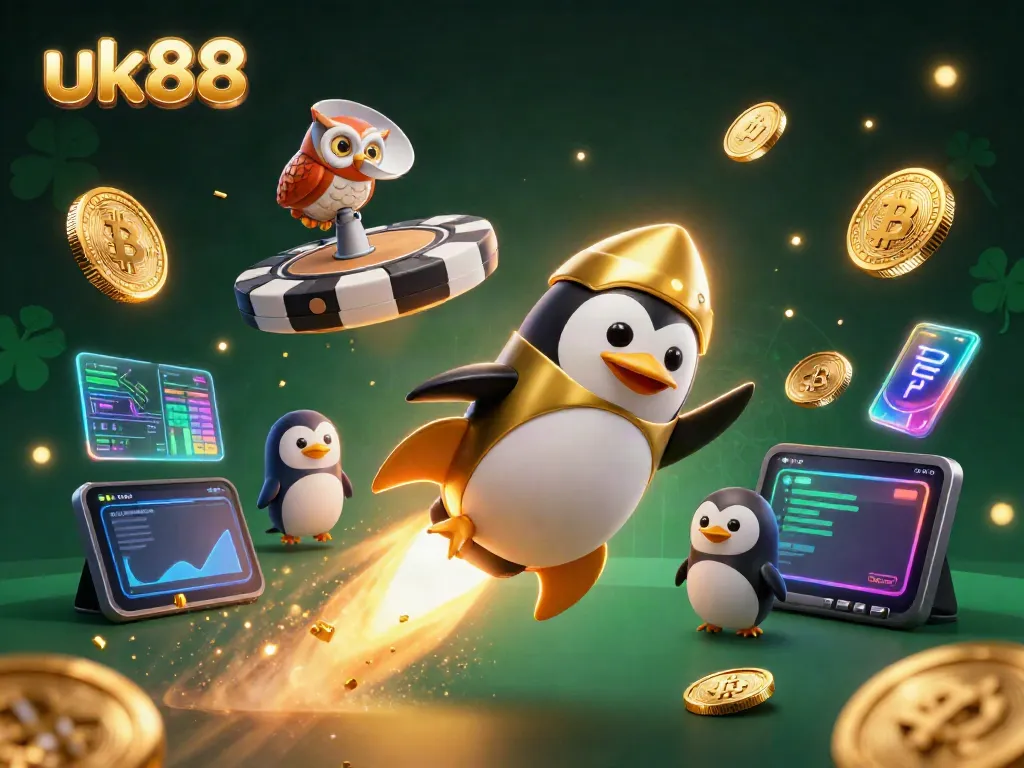 Experience thrilling gaming moments at uk88 with a golden penguin rocket flying through casino space.