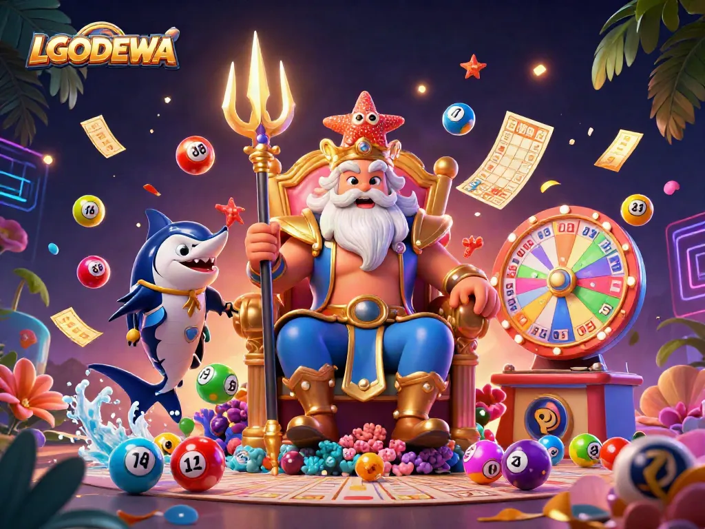Engage with LGODEWA's vibrant gaming universe featuring Neptune and dynamic lottery elements in a rich visual scene.