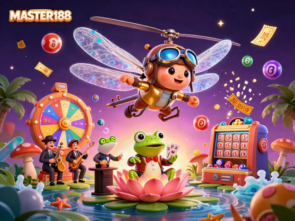Experience the thrills of gaming with MASTER188's vibrant casino scene featuring colorful lottery symbols and engaging characters.