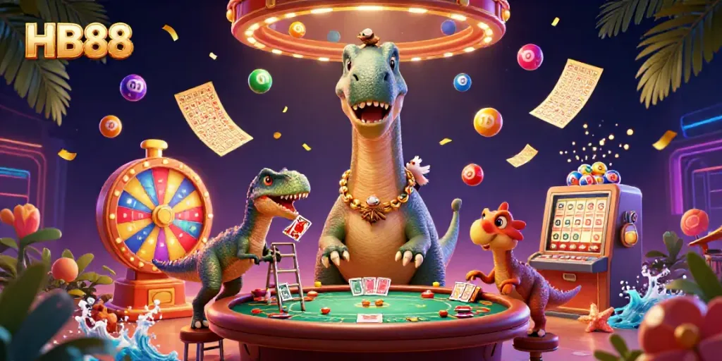Play a lively game at HB88, featuring an animated dinosaur dealer and vibrant colorful lottery elements.