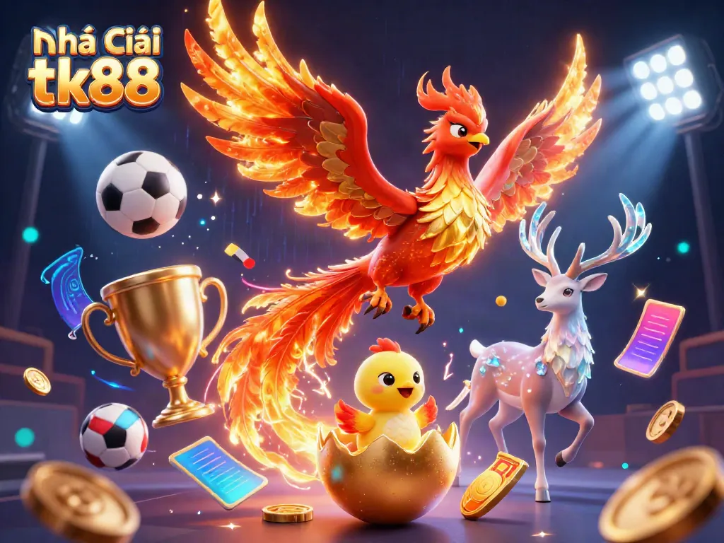 Experience Nhà cái tk88's vibrant gaming world with a phoenix and mystical stag, amidst dynamic sports elements.