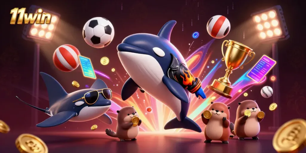 Engage with thrilling casino action at 11win through a vibrant scene featuring dynamic characters and sports elements.