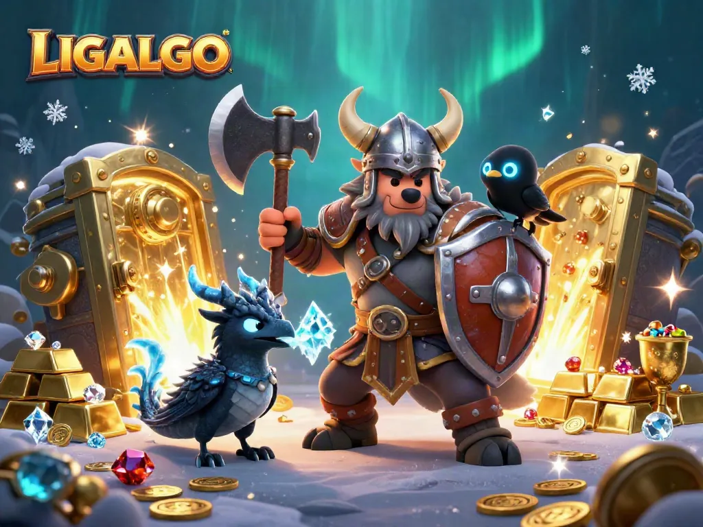 LIGALGO unlocks a treasure trove of excitement with this vibrant casino-themed illustration featuring a Viking warrior and dragon.