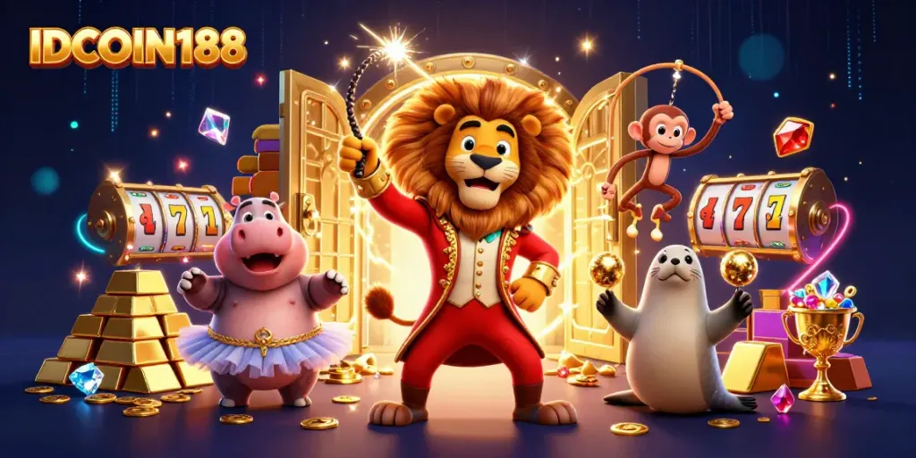 Engage with exciting slots at IDCOIN188 featuring unique 3D characters in a vibrant casino setting.