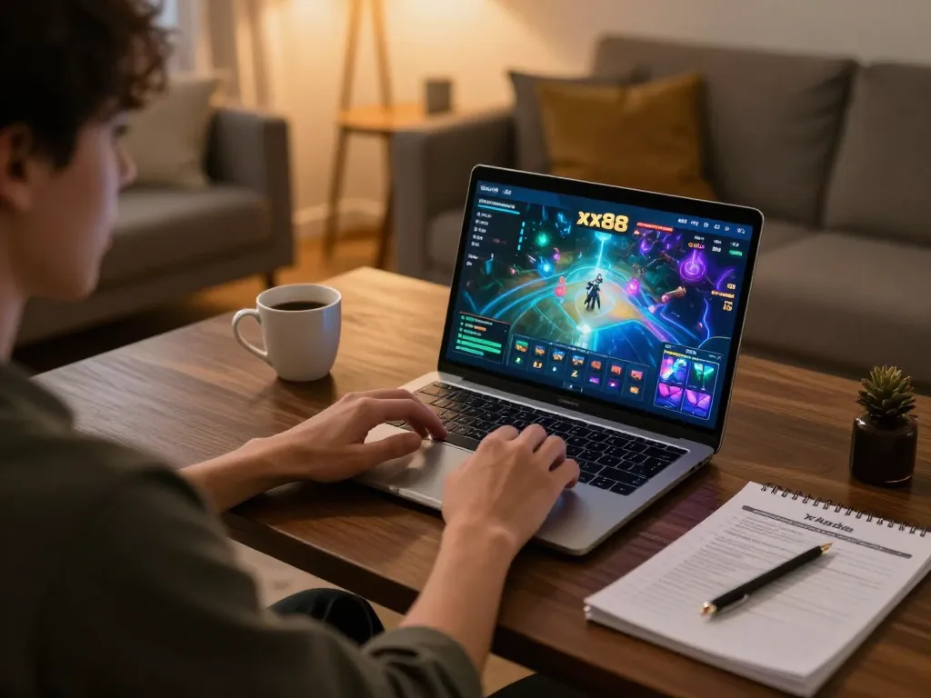 Player enjoying an online gaming session at xx88 with vibrant graphics in a cozy setting