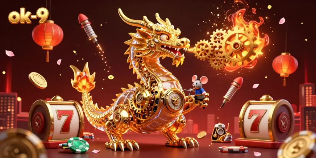 Engage with excitement at OK-9, featuring a golden dragon and vibrant casino elements in a rich 3D illustration.