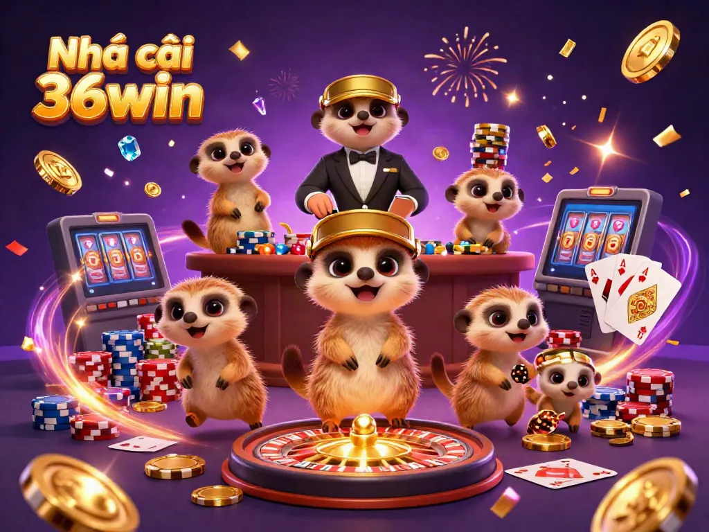 Engaging scene depicting Nhà cái 36win as meerkats operate a lively casino with golden coins, chips, and cards.