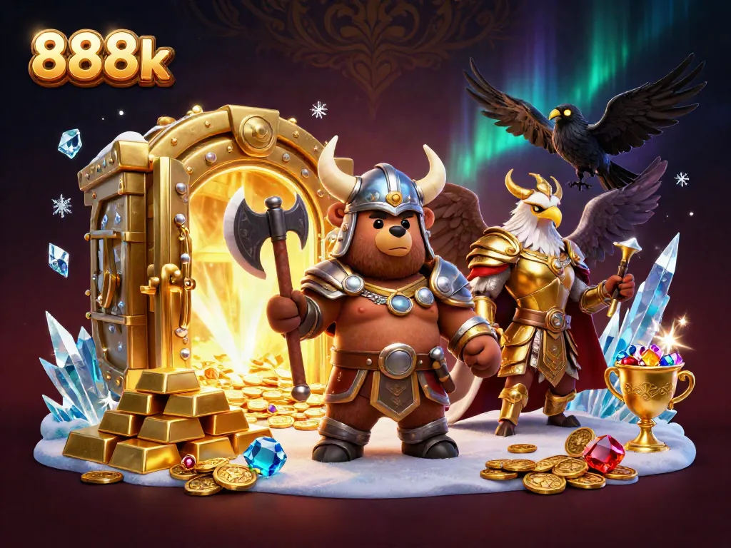 Engage with the thrilling 888k casino experience amidst dynamic 3D characters and vibrant treasure elements.