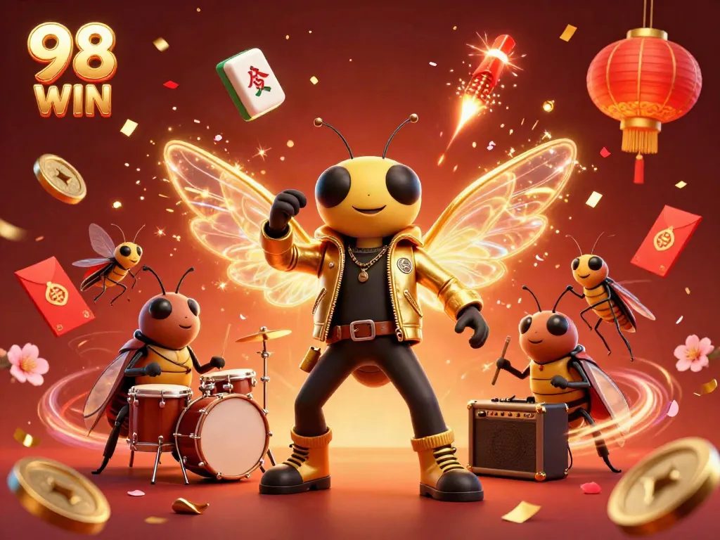 Experience the vibrant energy of 98 WIN as a rock star cicada leads the celebration of an epic online casino.