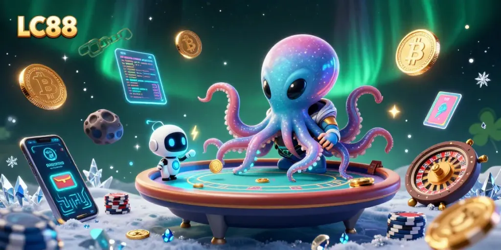 Engage with the exciting LC88 casino scene, showcasing a fun poker game with unique characters.