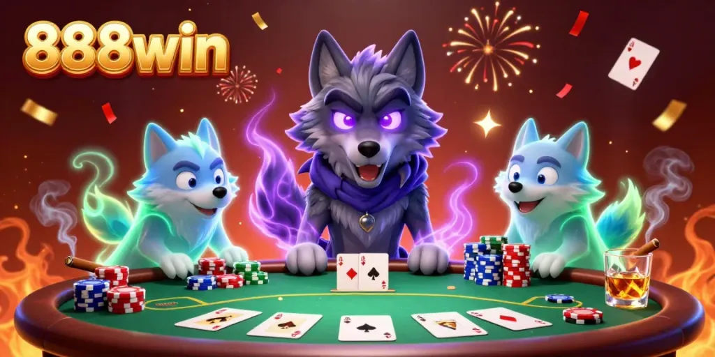 Experience thrilling poker action with 888win's enchanted wolf characters and vibrant game elements.