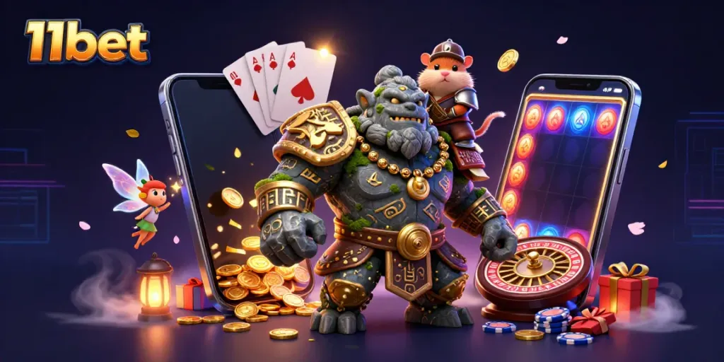 Experience thrilling casino action with 11bet's vibrant illustration featuring magical characters and games.