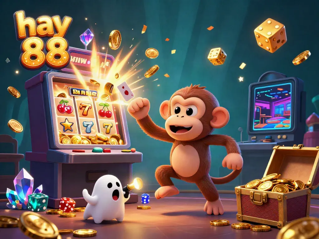 Experience the excitement of hay 88 with a cartoon poltergeist monkey in a dynamic casino setting, unleashing jackpots and fun.