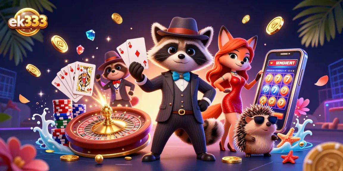 Experience thrilling gameplay with ek333 in this vibrant 3D casino illustration showcasing exciting characters.