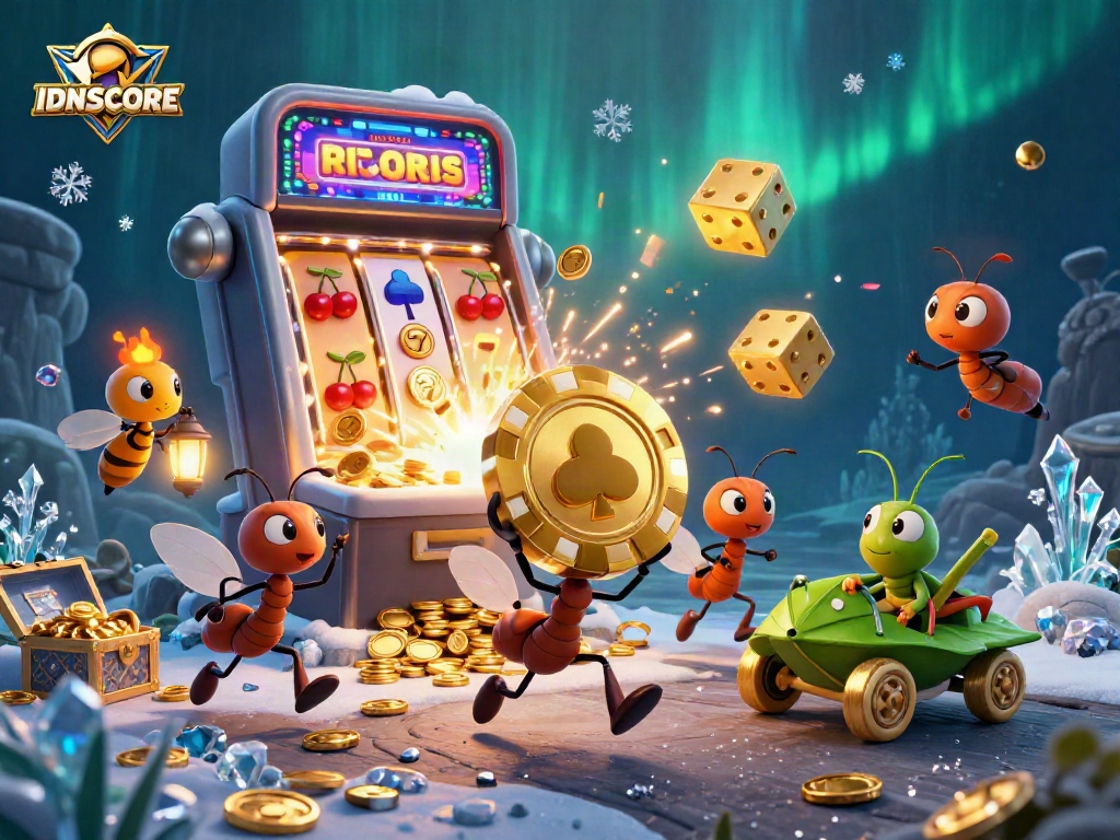 Engage with IDNSCORE through an action-packed casino heist scene featuring animated characters, dynamic game elements, and vibrant visuals.