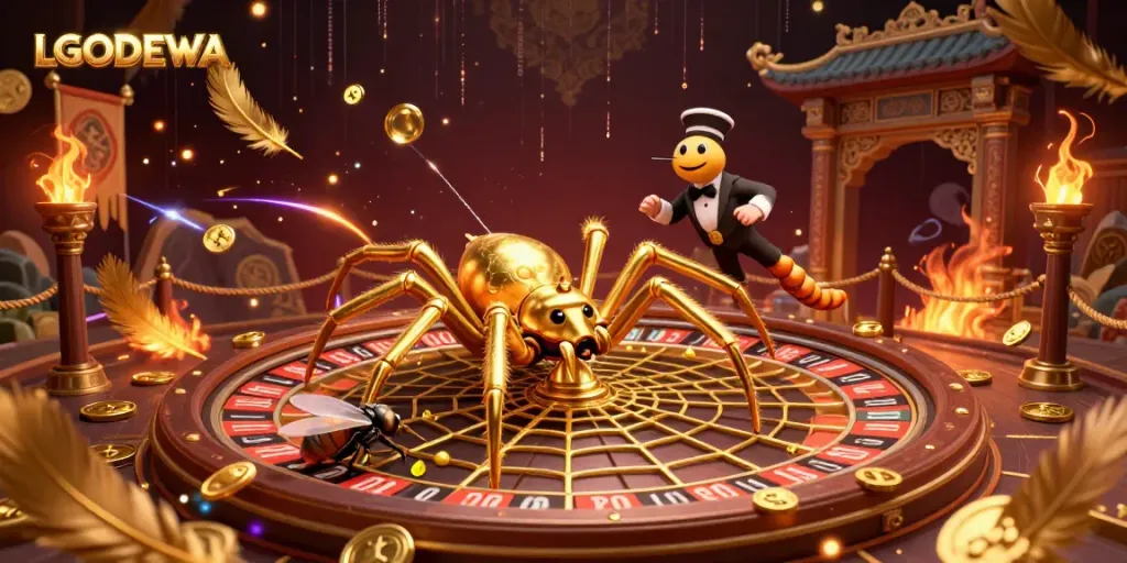 Bet on the LGODEWA roulette wheel as a cartoon golden spider spins a golden web in an exciting casino scene.