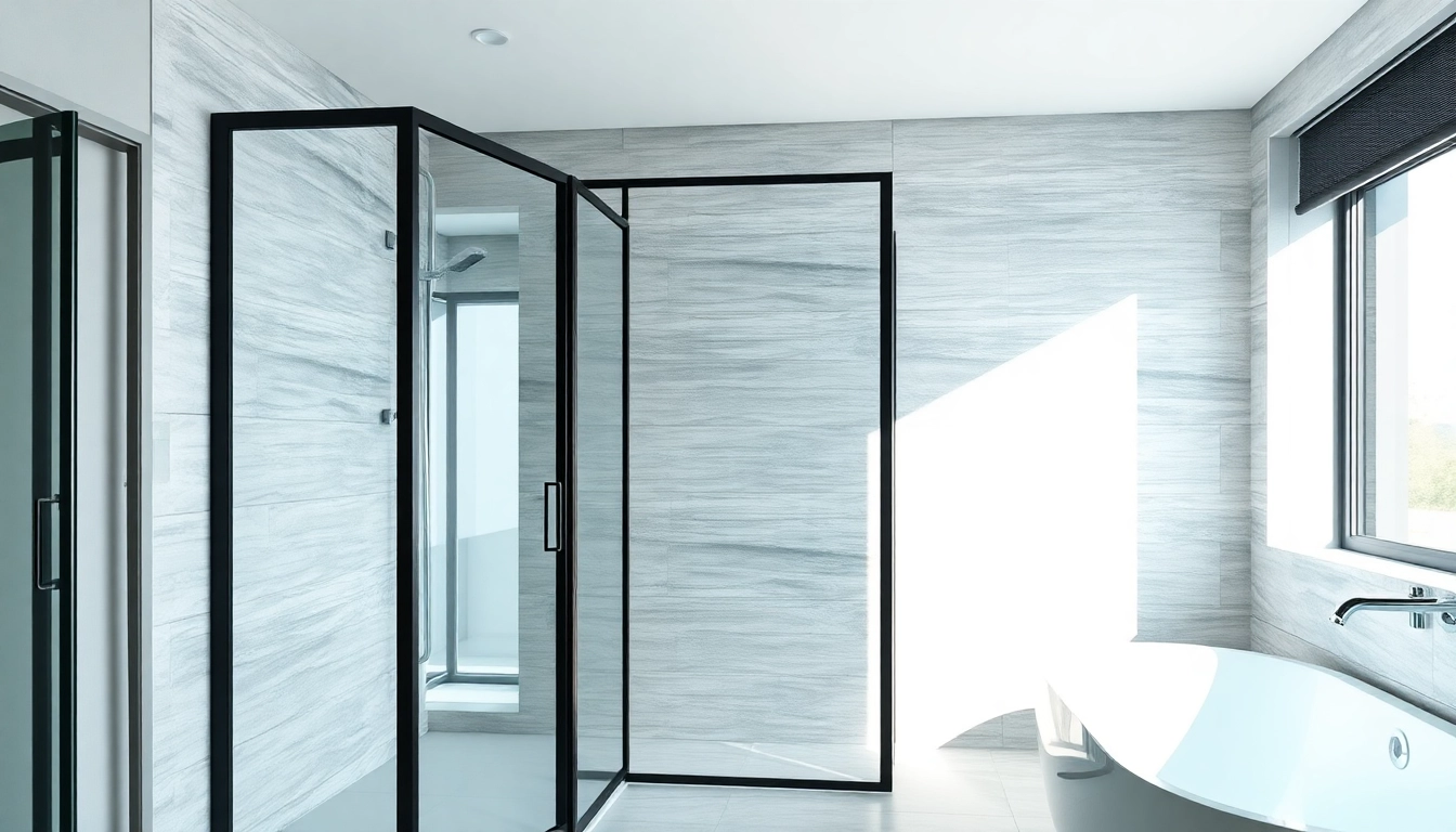 Elegant black frame shower doors enhance the modern bathroom's aesthetic appeal.