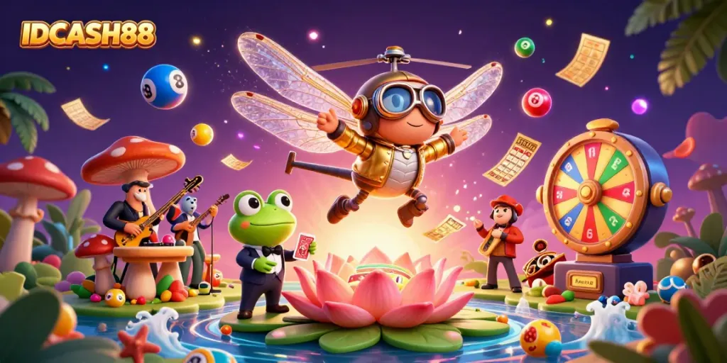 Play games and win in a vibrant casino scene featuring IDCASH88 with a dragonfly pilot, frog croupier, and jazz musicians.