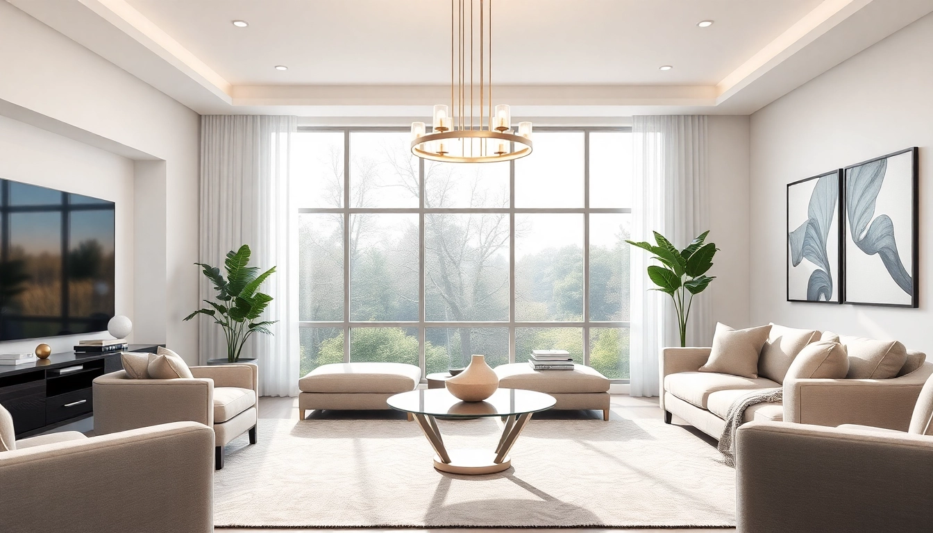 Shop ModernLighting with a contemporary chandelier illuminating a stylish living room.
