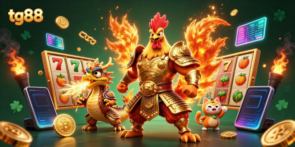 Experience the thrilling action at tg88 with a dynamic 3D rooster warrior and dragon hatchling amidst vibrant gaming symbols.
