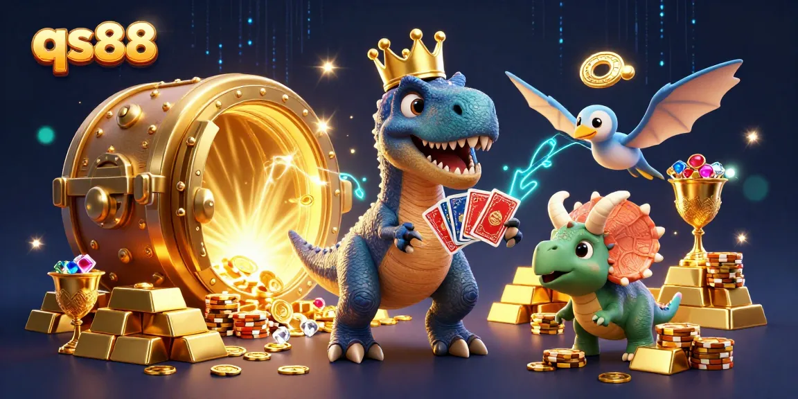 qs88 players enjoying a lively casino scene with a T-Rex and friends surrounded by gold