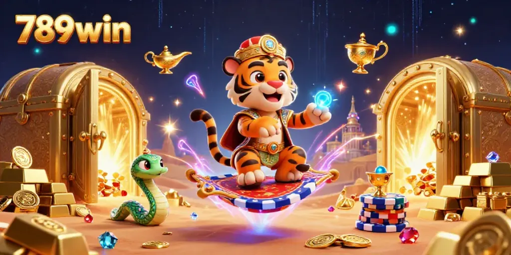 Experience the thrill of 789win with a sultan tiger, magical companions, and dazzling wealth in a vibrant casino scene.