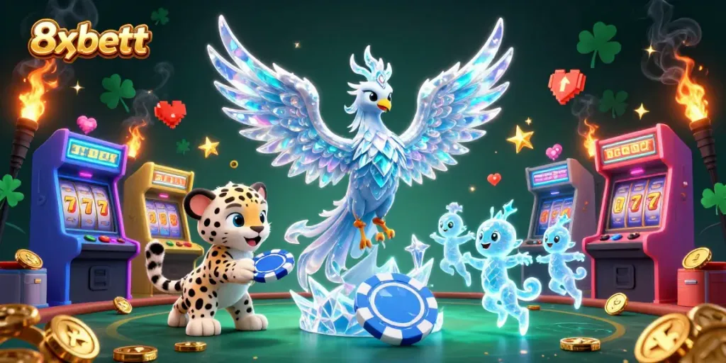 Experience winning thrills with 8xbett as a radiant ice phoenix and energetic sprites illuminate the casino landscape.