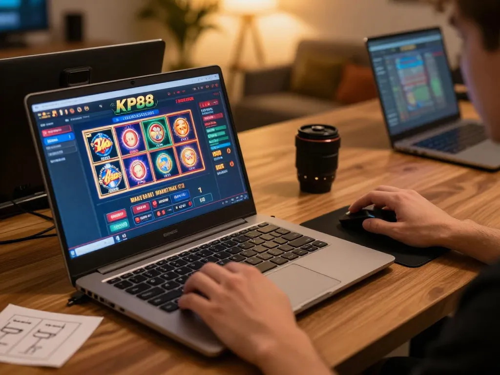 KP88 online gaming experience showcasing a player engaged with dynamic casino interface and warm ambient lighting.