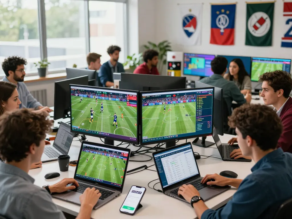 Sports analysts collaborating on live data and scores on screens, illustrating nowgoal sports insights.