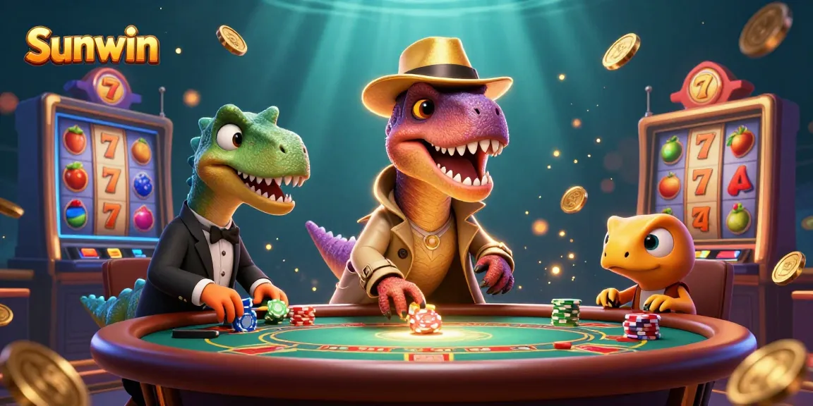 Engage with Sunwin's thrilling slots action featuring a velociraptor card counter amidst vibrant casino elements.