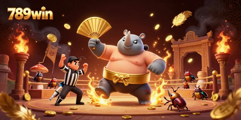 Experience the excitement of 789win with a cinematic scene of a majestic beetle champion amidst a vibrant casino arena.