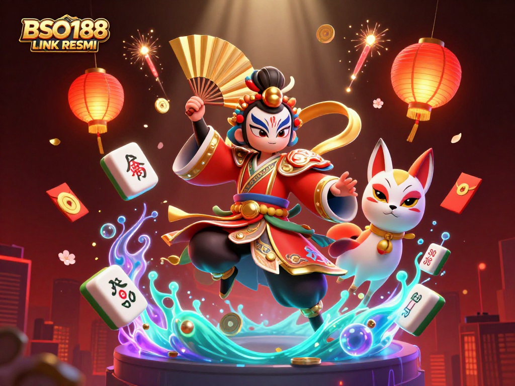 Engage in vibrant gameplay with BSO188 LINK RESMI showcased in a colorful scene featuring kabuki warrior and festive casino elements.
