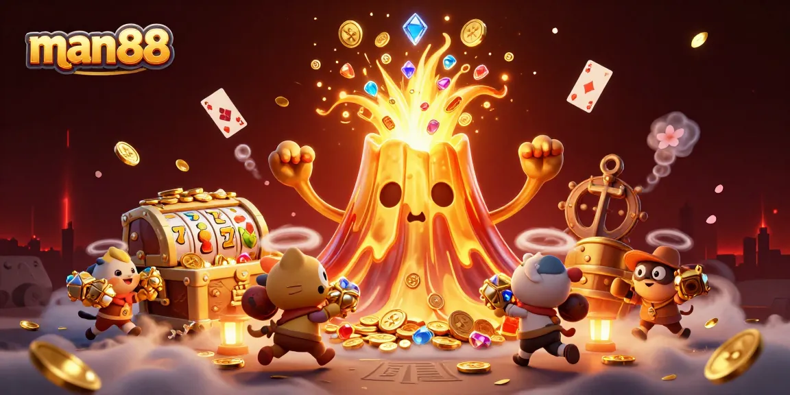 Experience man88's thrilling jackpot adventure with a golden volcano and dynamic slot reels!