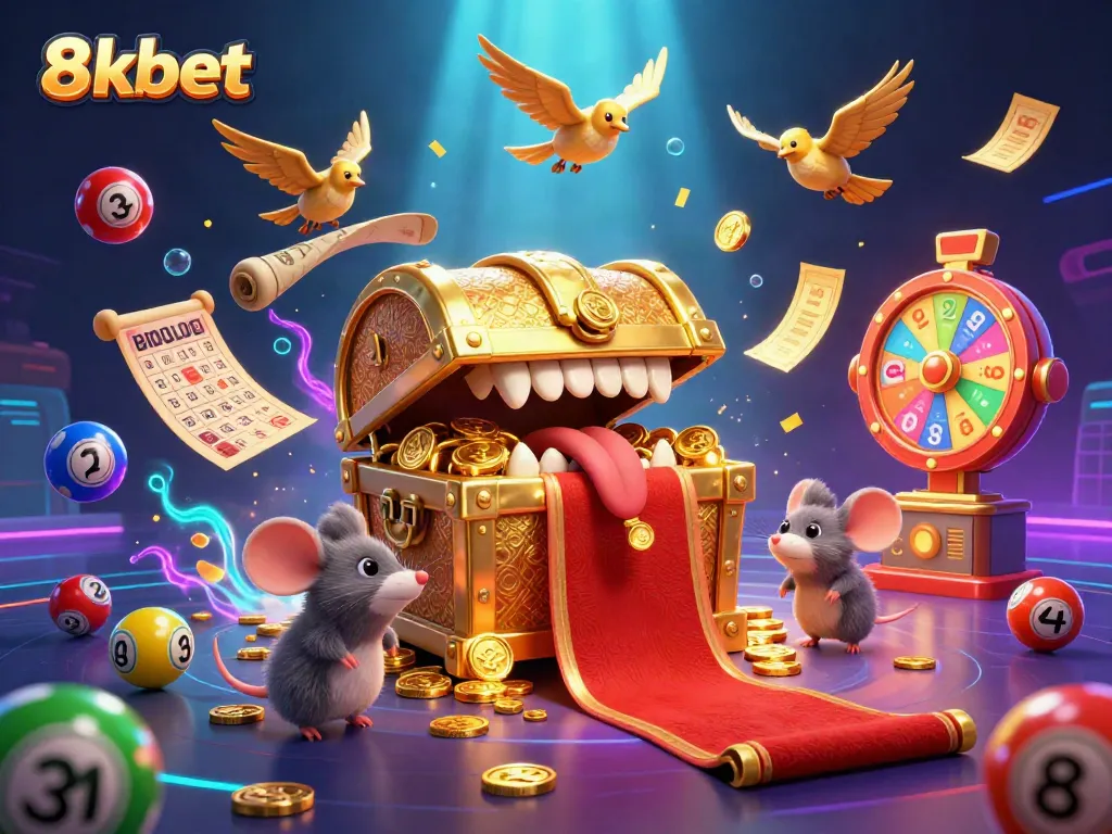 Join the adventure with 8xbet as colorful lottery balls bounce around a golden treasure chest.