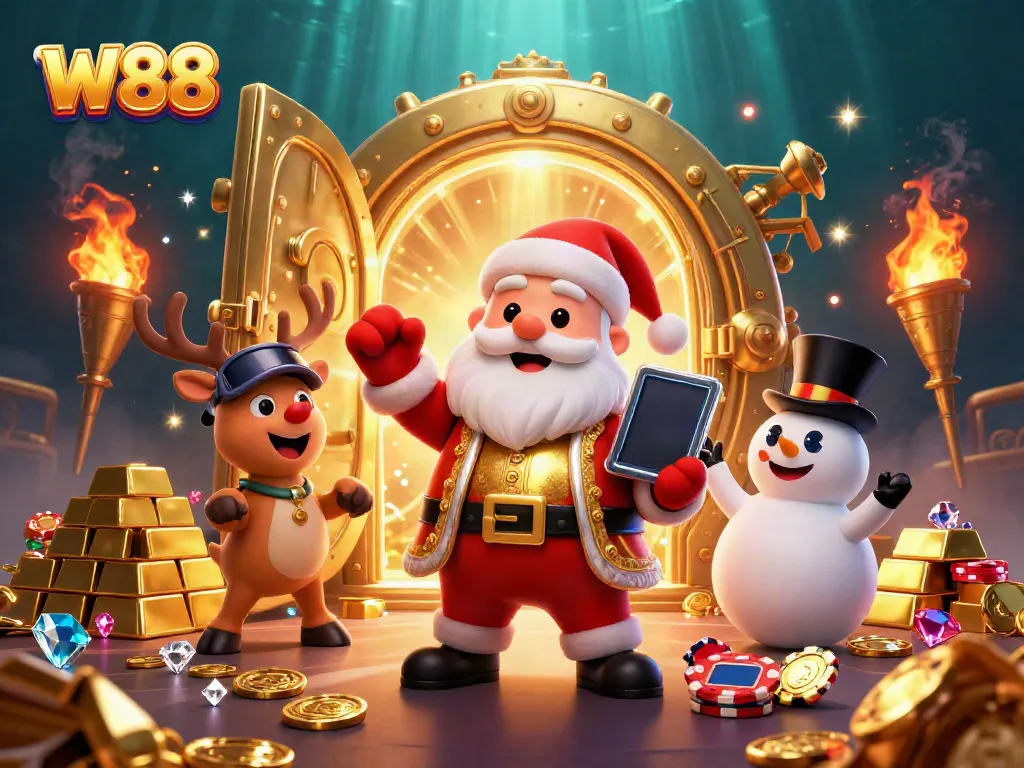 Experience thrilling jackpots with W88 in a festive casino setting featuring Santa and friends.