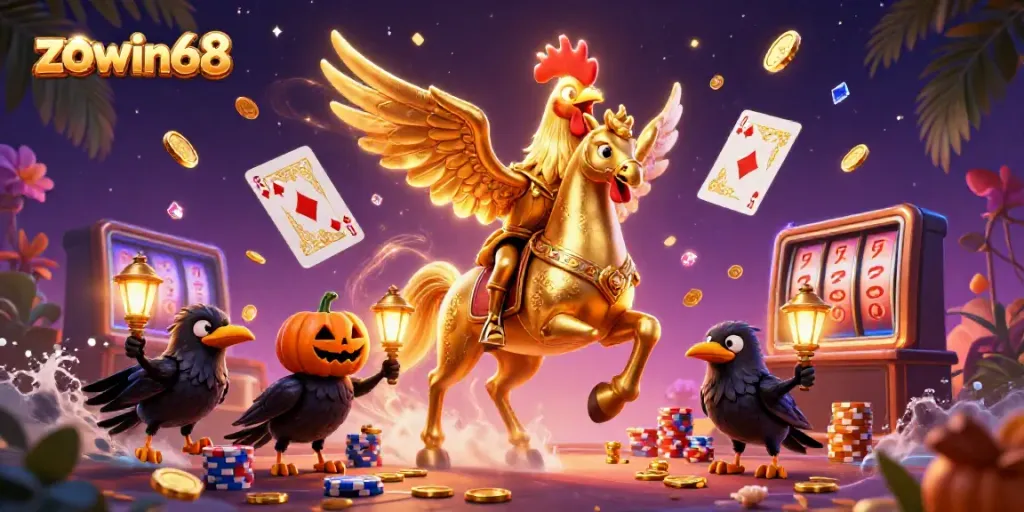 Engage in thrilling gameplay with zowin68 amidst a vibrant casino filled with golden coins and spectacular characters.